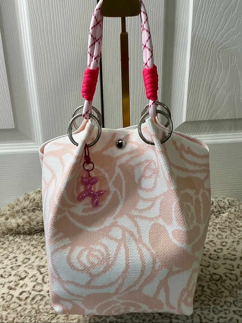 Pink Floral Canvas Tote with Rope Handles and Balloon Dod Charm
